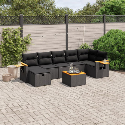 8 pcs conjunto sofás de jardim com almofadões vime PE preto