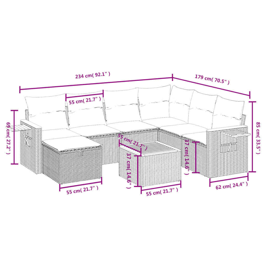 8 pcs conjunto sofás de jardim c/ almofadões vime PE cinzento