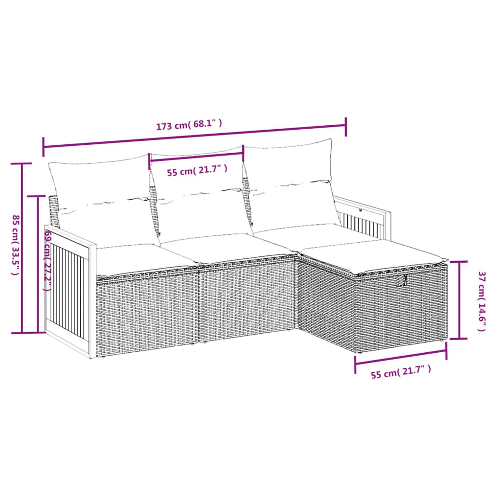 4 pcs conjunto de sofás para jardim c/ almofadões vime PE preto