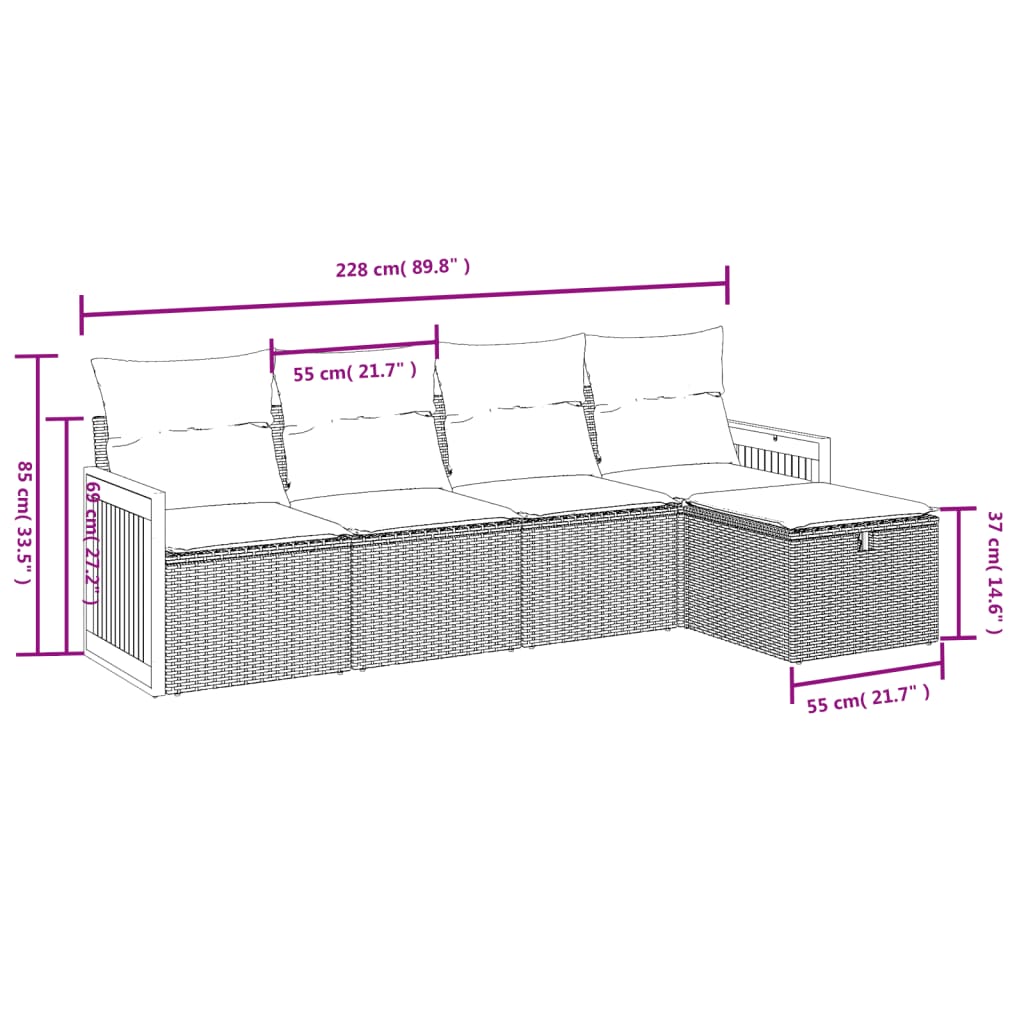 5 pcs conjunto sofás de jardim com almofadões vime PE preto