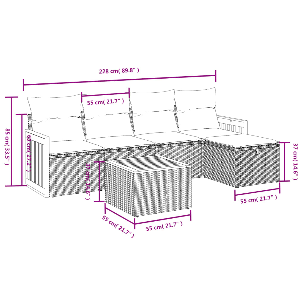 6 pcs conjunto sofás de jardim c/ almofadões vime PE preto