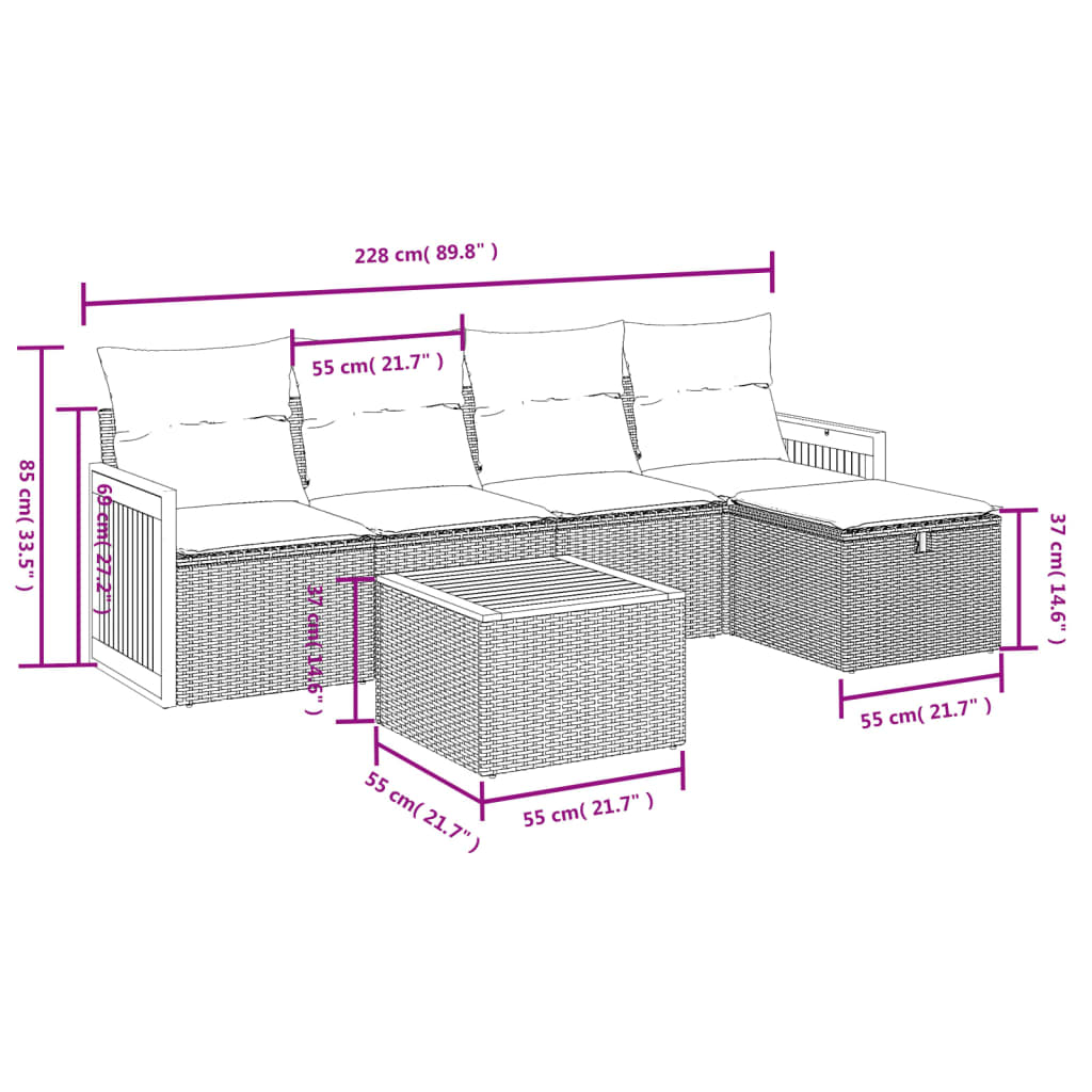 6 pcs conjunto sofás de jardim com almofadões vime cinzento