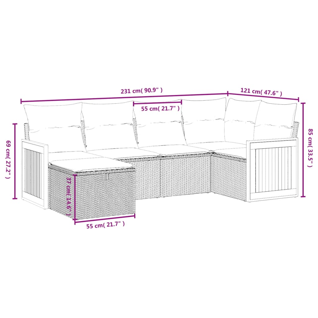 6 pcs conjunto sofás de jardim c/ almofadões vime PE preto