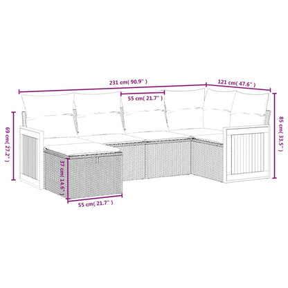 6 pcs conjunto sofás de jardim c/ almofadões vime PE preto