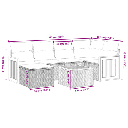 7 pcs conjunto de sofás p/ jardim c/ almofadões vime PE preto