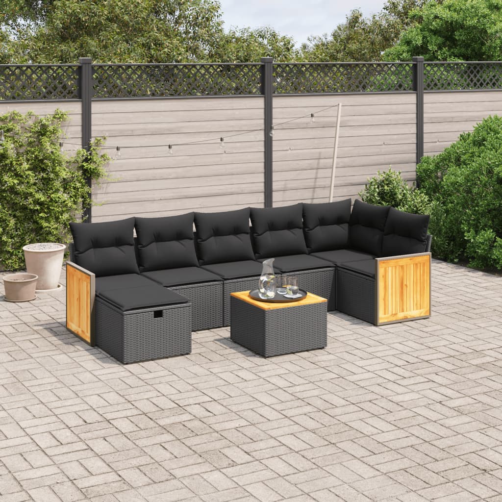 8 pcs conjunto sofás de jardim com almofadões vime PE preto