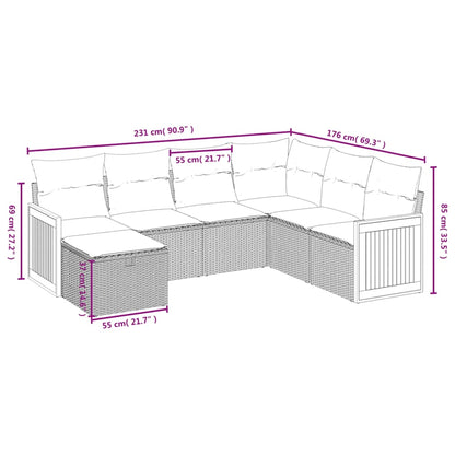 7 pcs conjunto de sofás p/ jardim c/ almofadões vime PE preto