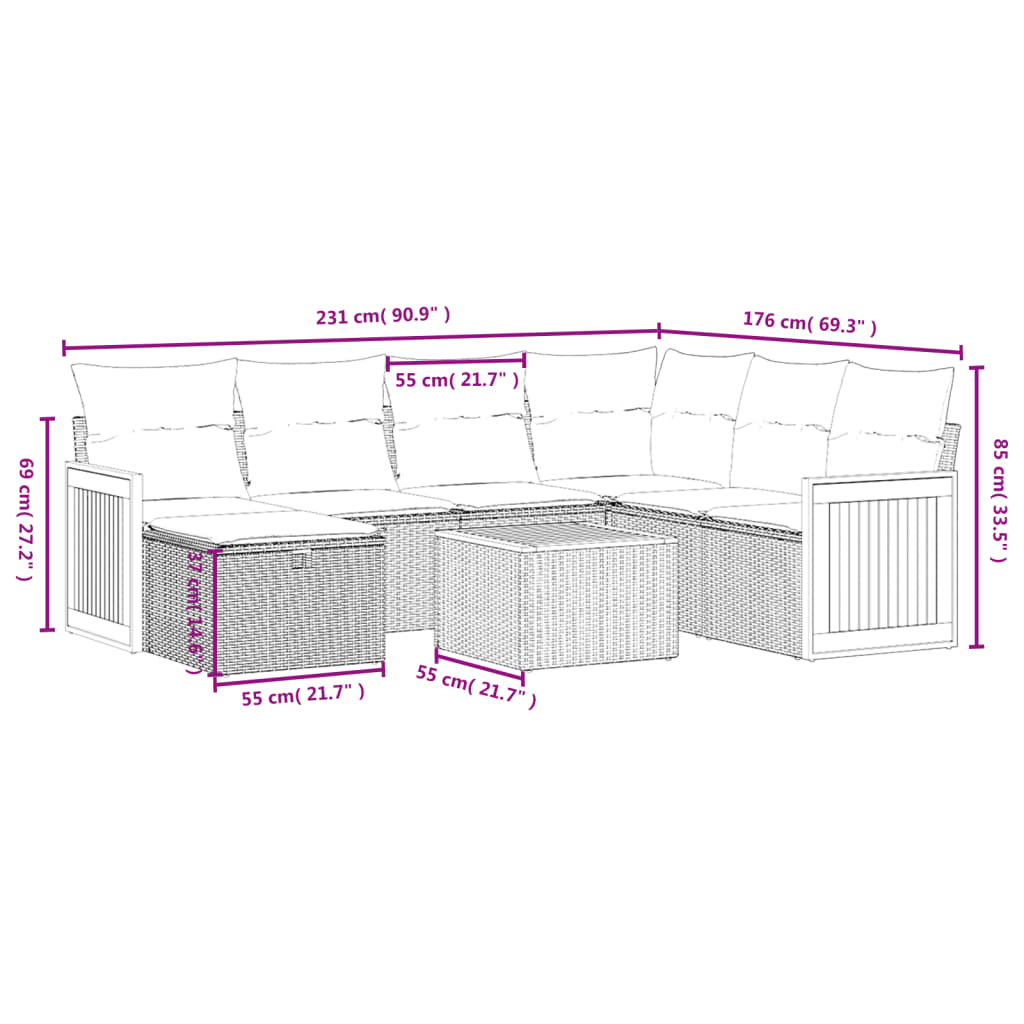 8 pcs conjunto sofás de jardim c/ almofadões vime PE cinzento