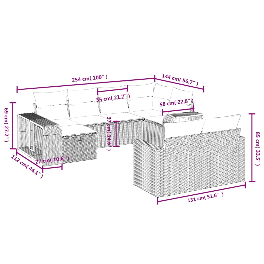 10 pcs conjunto sofás de jardim c/ almofadões vime PE preto