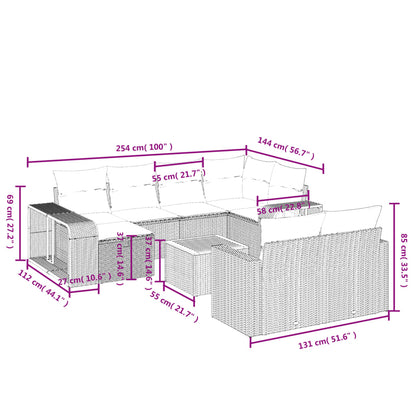 11 pcs conjunto sofás de jardim c/ almofadões vime PE bege