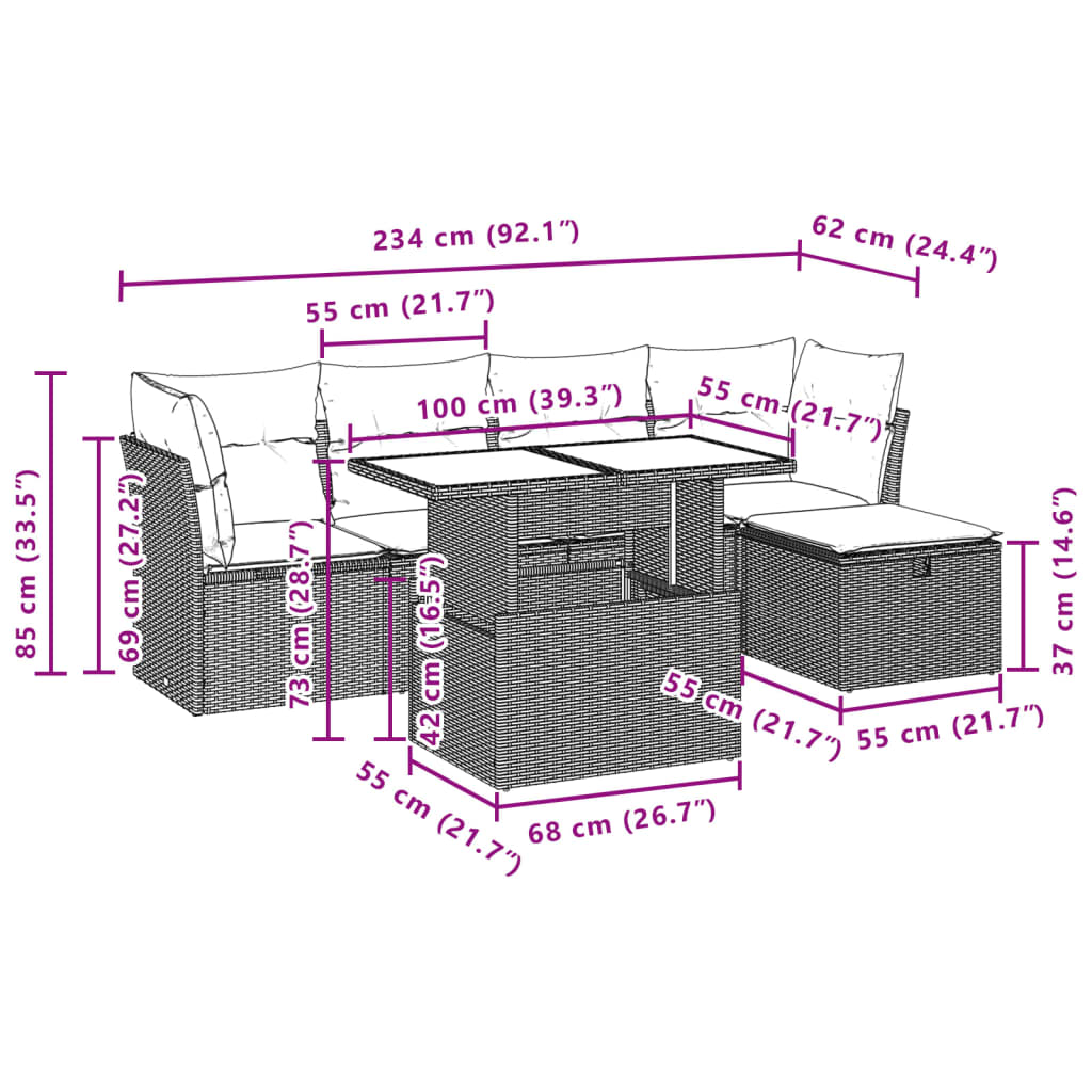 6 pcs conjunto de sofás p/ jardim com almofadões vime PE bege