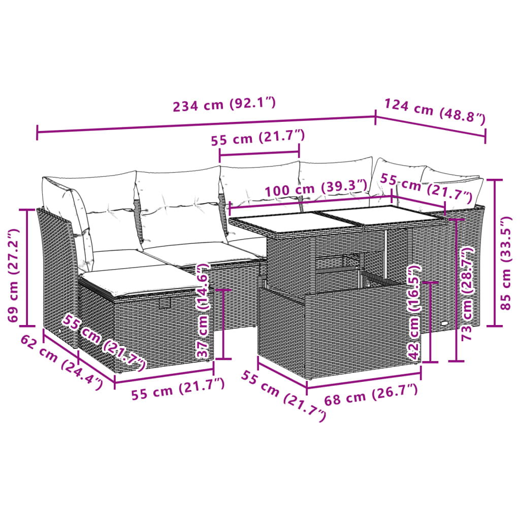 7 pcs conjunto de sofás p/ jardim com almofadões vime PE bege