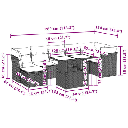 8 pcs conjunto sofás de jardim c/ almofadões vime PE cinzento