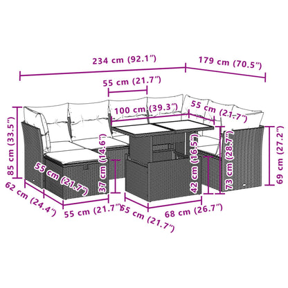 8 pcs conjunto sofás de jardim com almofadões vime PE preto