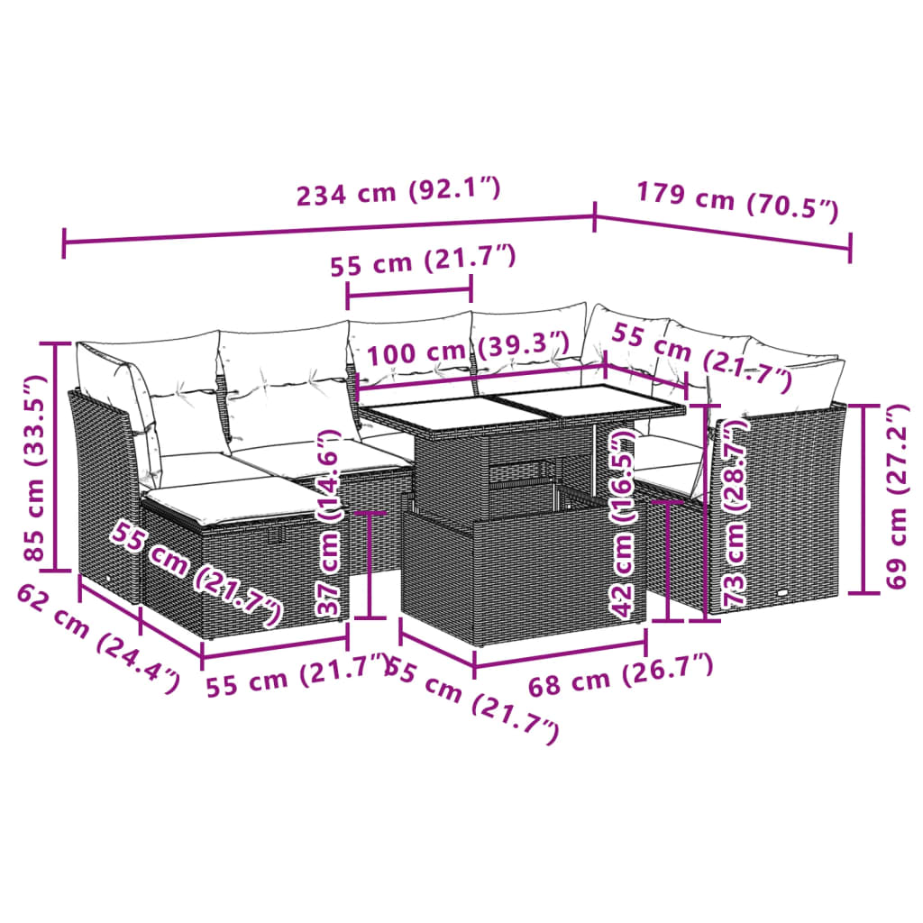 8 pcs conjunto de sofás p/ jardim com almofadões vime PE bege