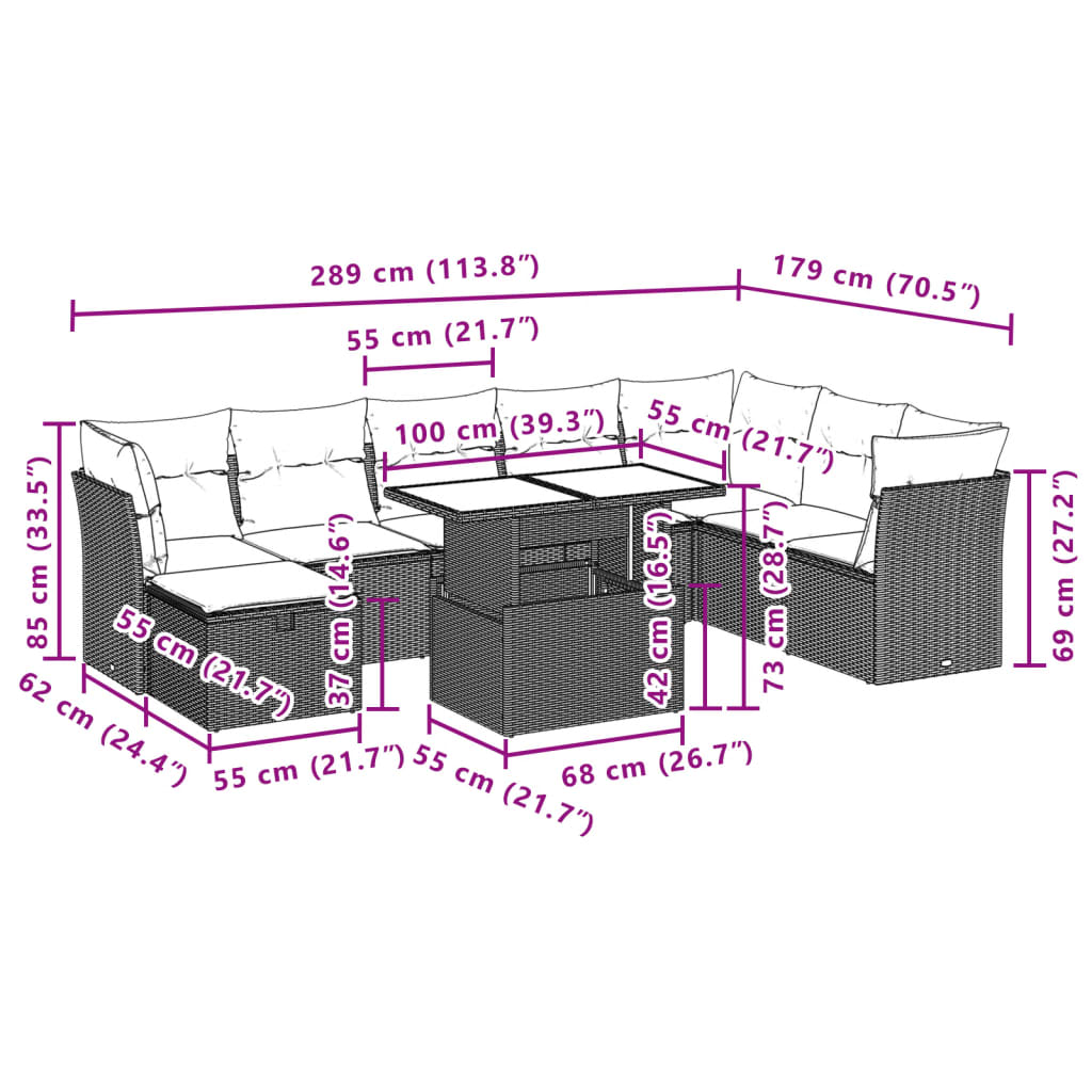 9 pcs conjunto de sofás p/ jardim com almofadões vime PE bege