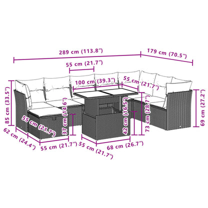 9 pcs conjunto de sofás p/ jardim com almofadões vime PE bege