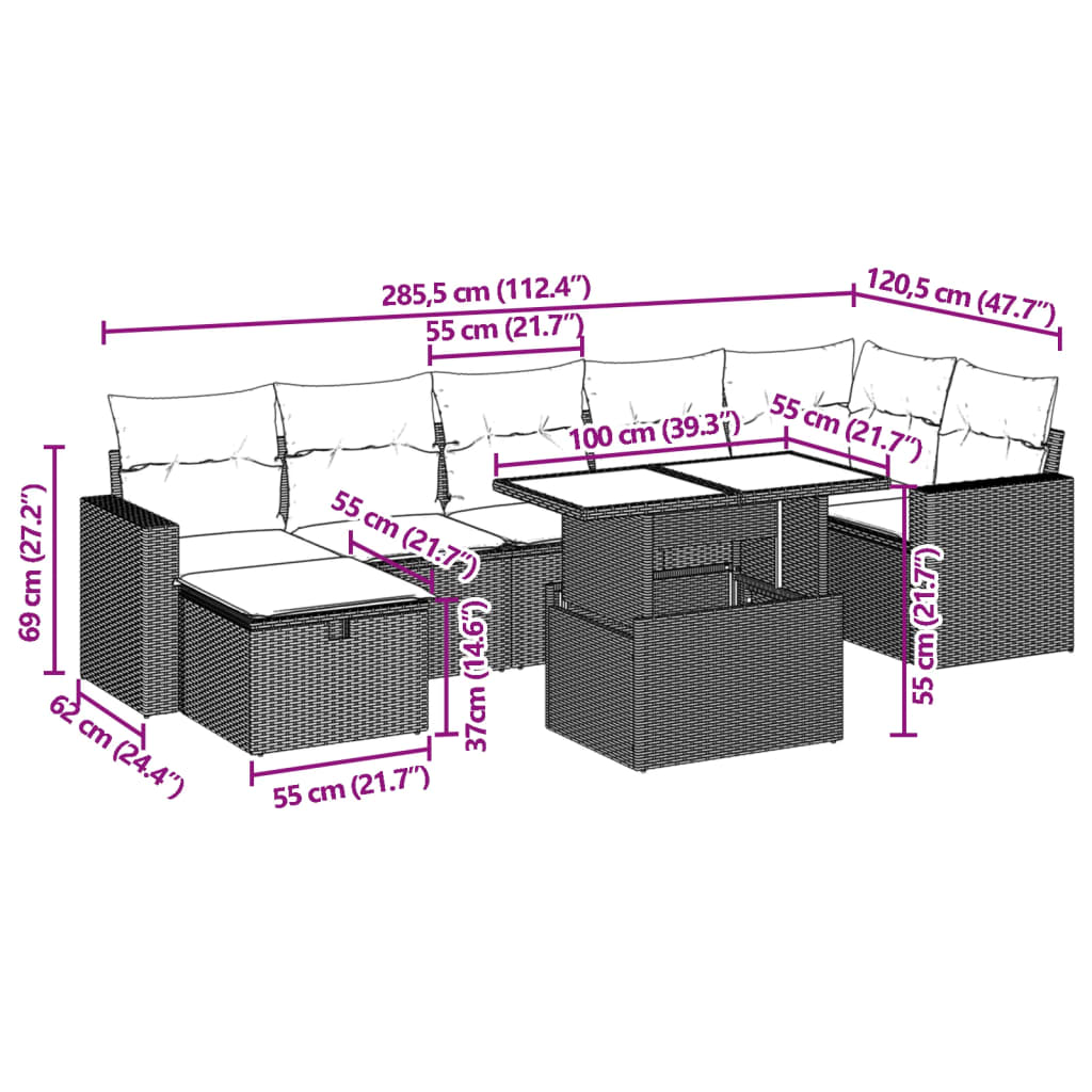 8 pcs conjunto de sofás p/ jardim com almofadões vime PE bege