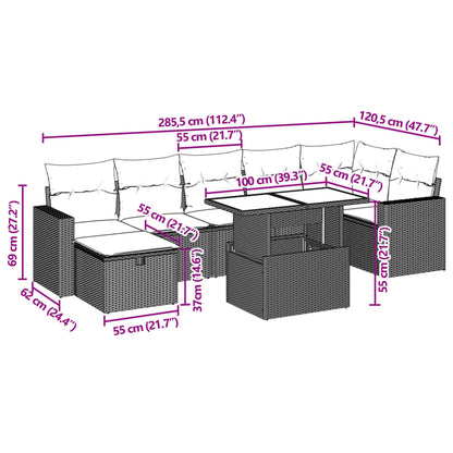 8 pcs conjunto sofás de jardim c/ almofadões vime PE cinzento