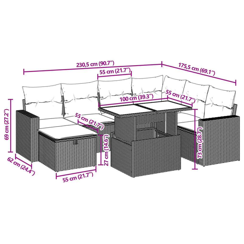 8 pcs conjunto sofás de jardim com almofadões vime PE preto