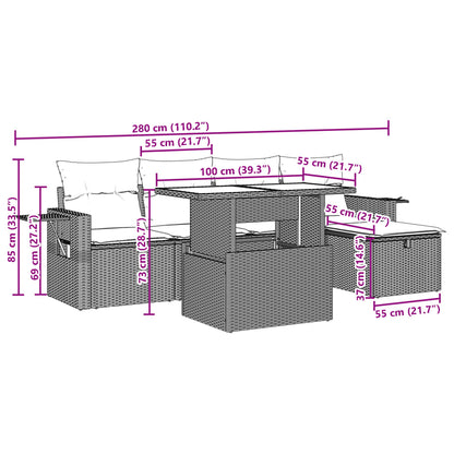 6 pcs conjunto sofás de jardim c/ almofadões vime PE preto