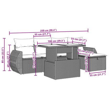 6 pcs conjunto sofás de jardim c/ almofadões vime PE preto