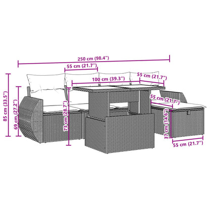 6 pcs conjunto de sofás p/ jardim com almofadões vime PE bege