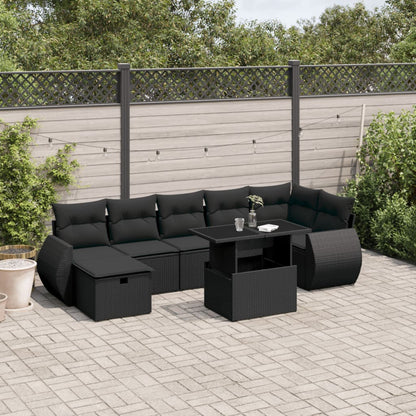 8 pcs conjunto sofás de jardim com almofadões vime PE preto