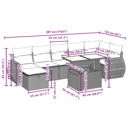 8 pcs conjunto sofás de jardim c/ almofadões vime PE cinzento