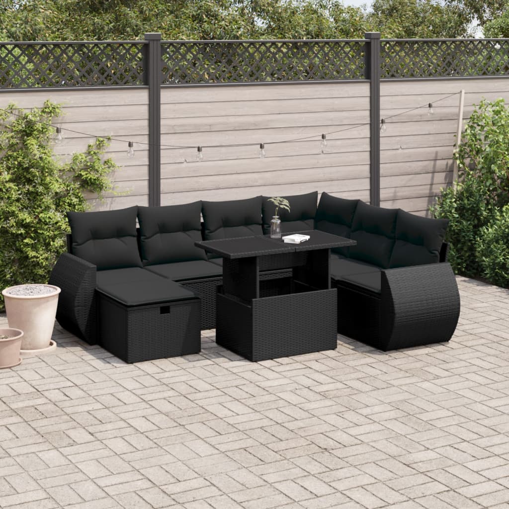 8 pcs conjunto sofás de jardim com almofadões vime PE preto