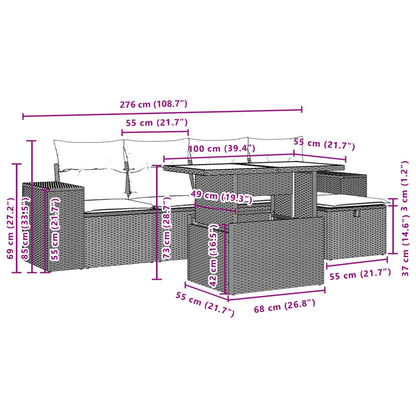 6 pcs conjunto sofás de jardim c/ almofadões vime PE preto