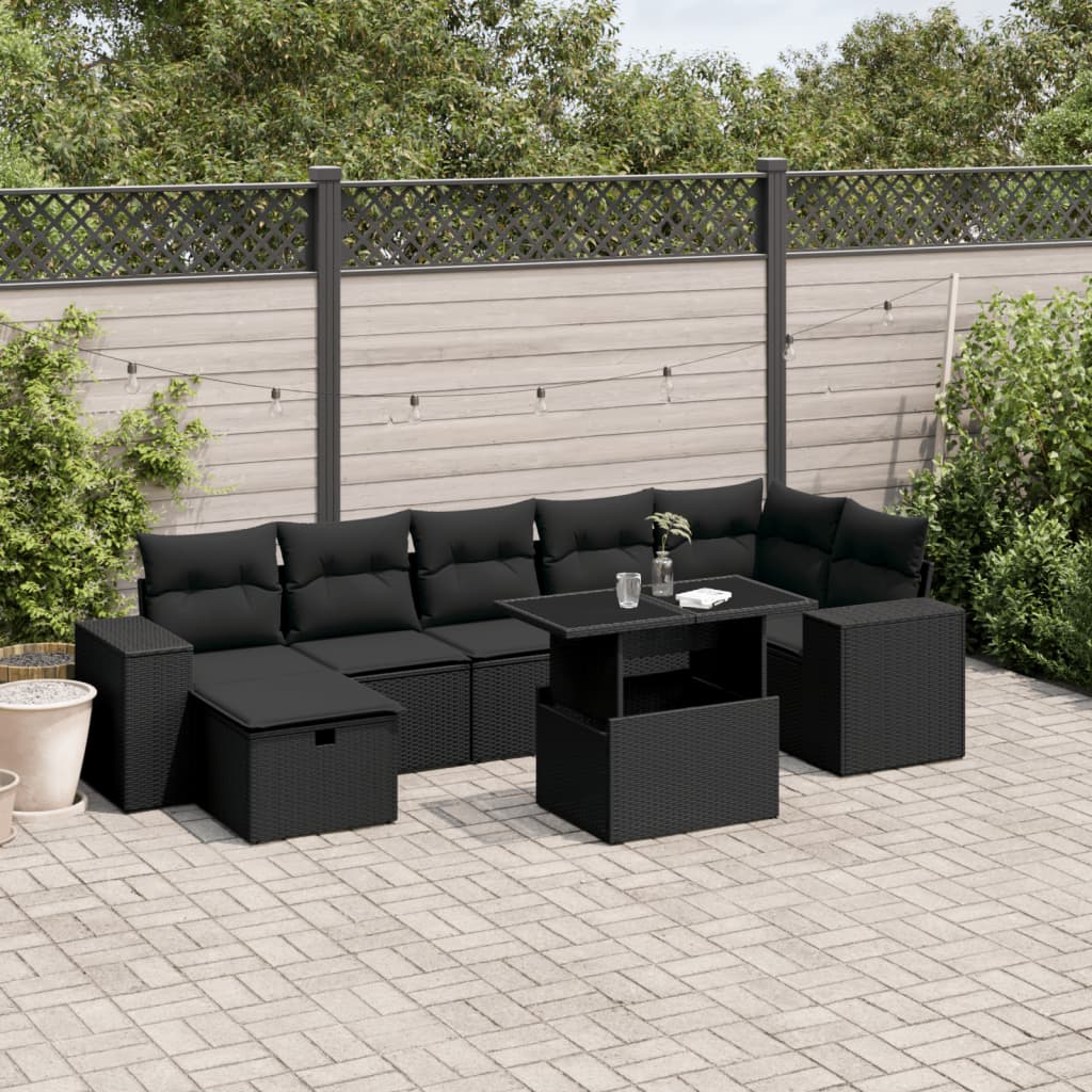 8 pcs conjunto sofás de jardim com almofadões vime PE preto