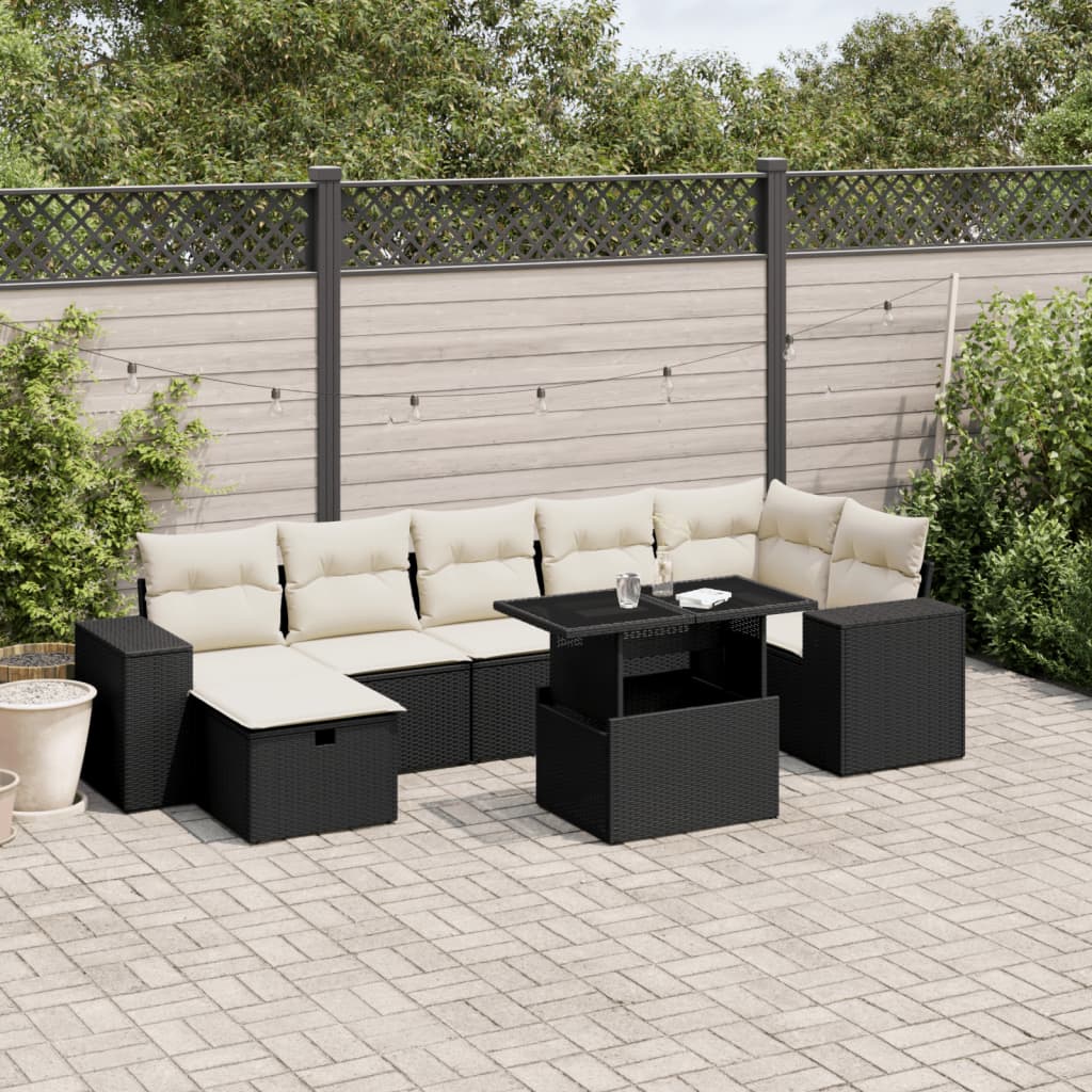 8 pcs conjunto sofás de jardim com almofadões vime PE preto