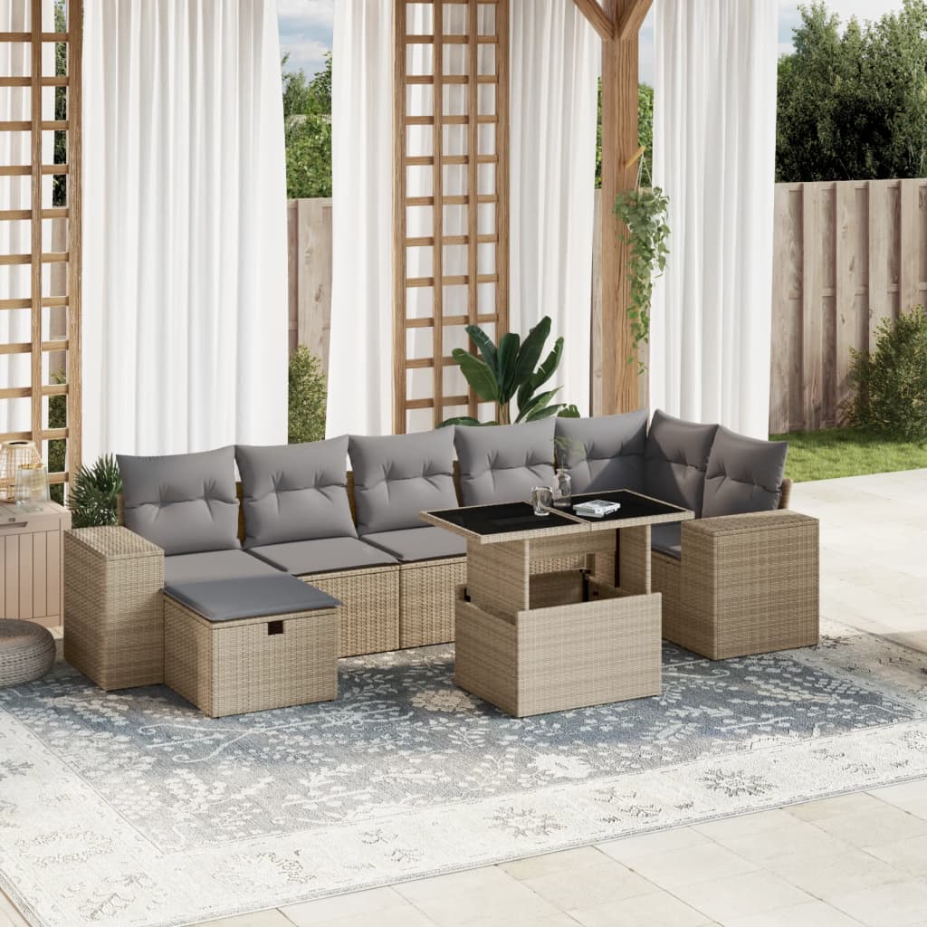 8 pcs conjunto de sofás p/ jardim com almofadões vime PE bege