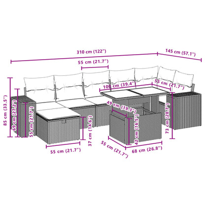 8 pcs conjunto sofás de jardim c/ almofadões vime PE cinzento