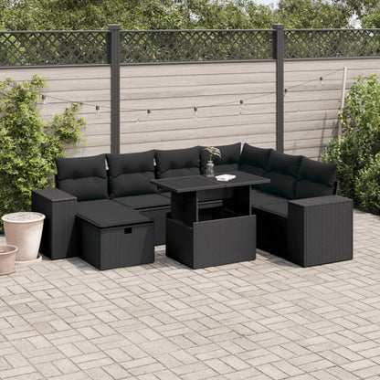 8 pcs conjunto sofás de jardim com almofadões vime PE preto