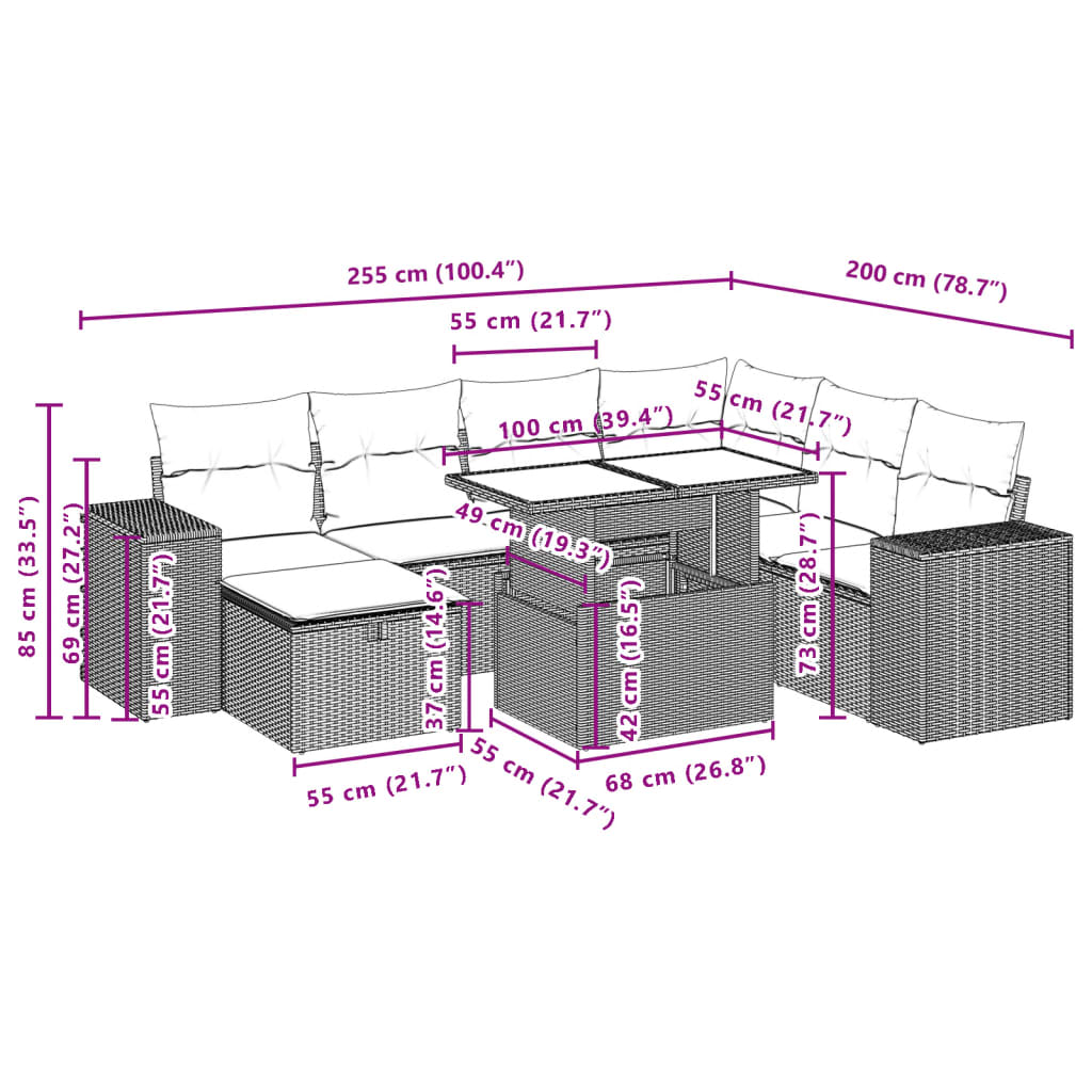 8 pcs conjunto sofás de jardim c/ almofadões vime PE cinzento