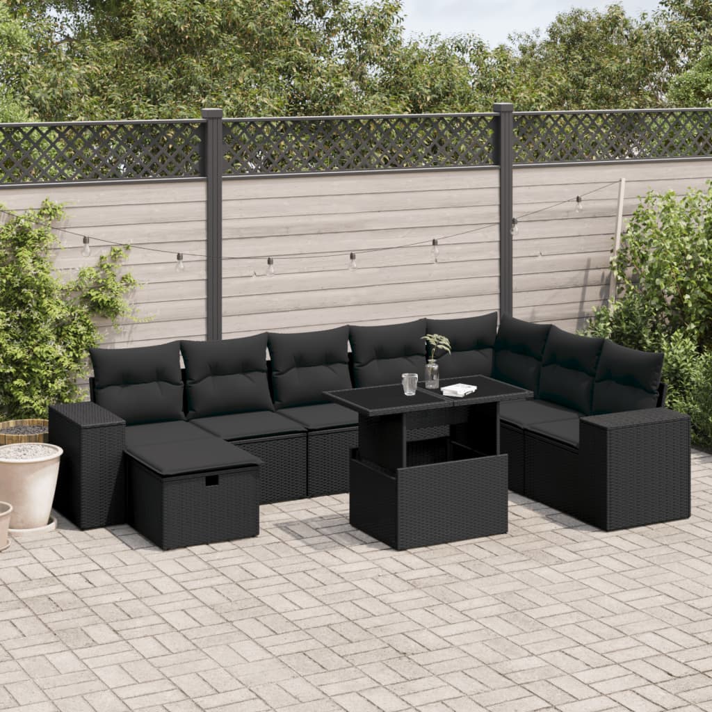 9 pcs conjunto de sofás p/ jardim c/ almofadões vime PE preto