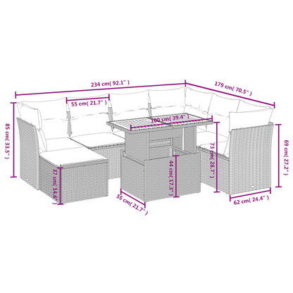 8 pcs conjunto de sofás p/ jardim com almofadões vime PE bege