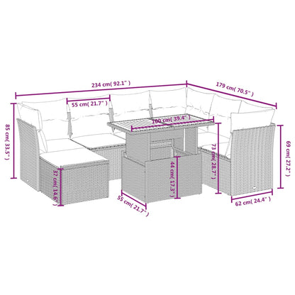 8 pcs conjunto sofás de jardim c/ almofadões vime PE cinzento