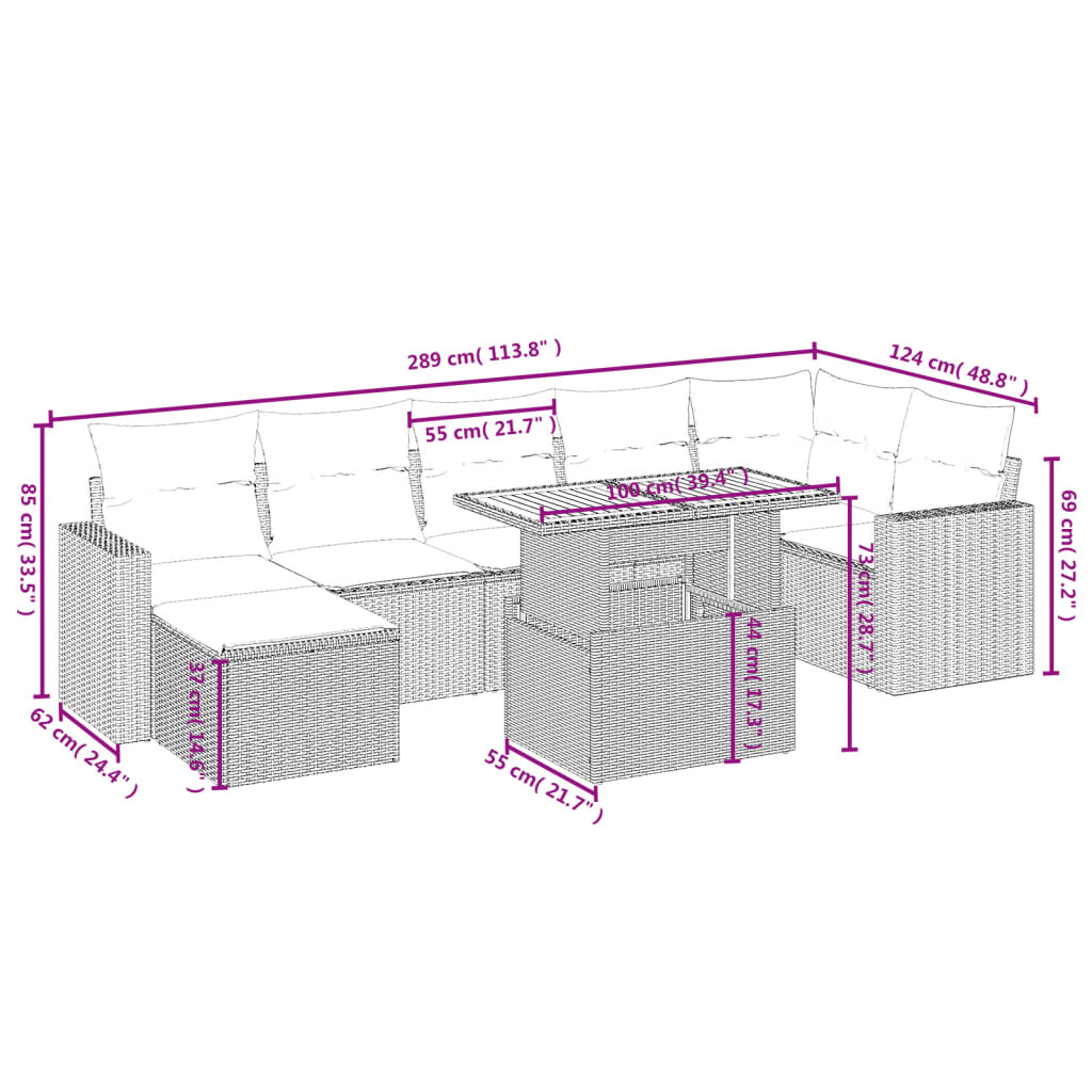 8 pcs conjunto de sofás p/ jardim com almofadões vime PE bege