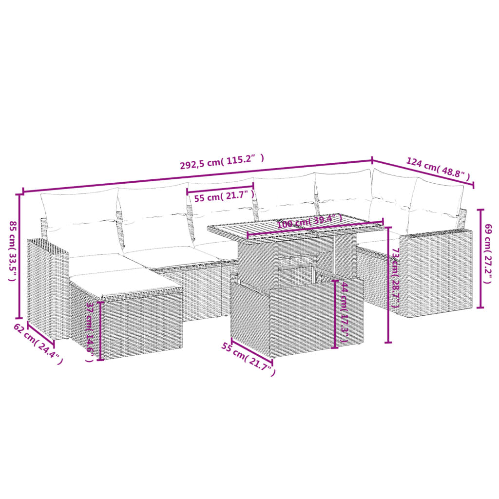 8 pcs conjunto sofás de jardim c/ almofadões vime PE cinzento