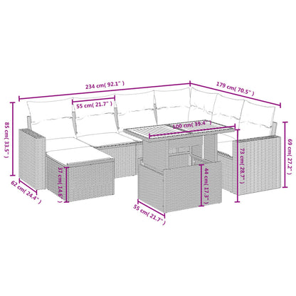 8 pcs conjunto de sofás p/ jardim com almofadões vime PE bege