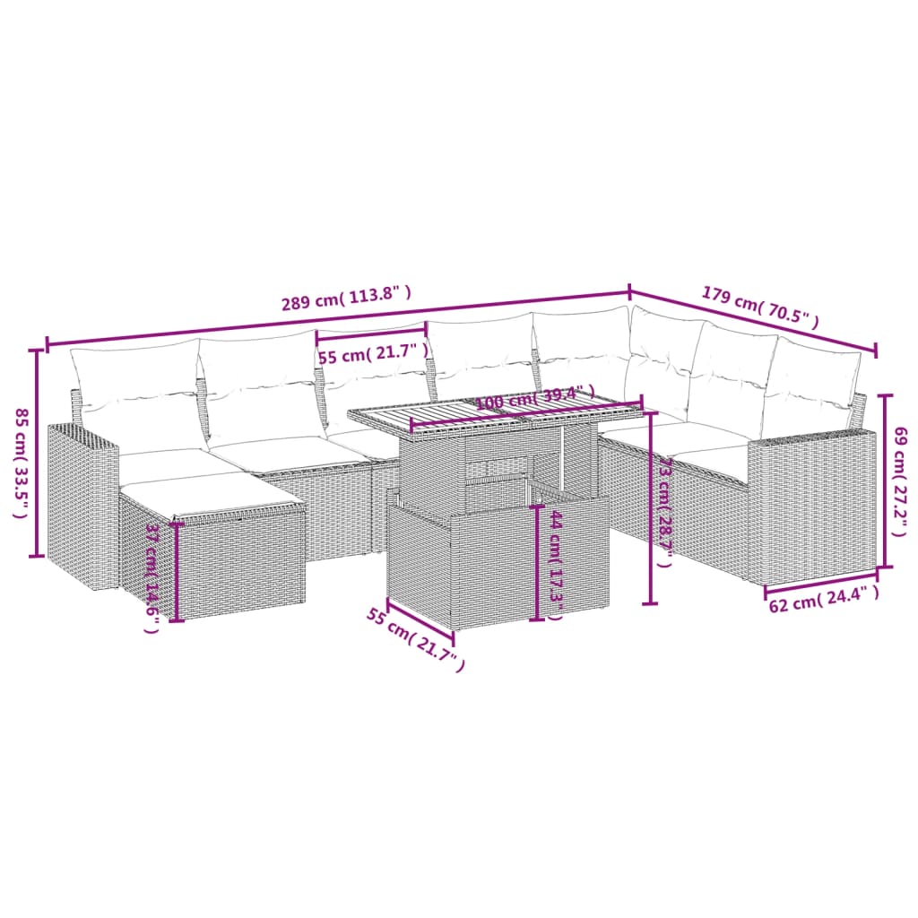 9 pcs conjunto de sofás p/ jardim com almofadões vime PE bege