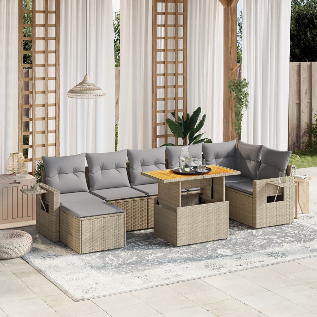 8 pcs conjunto de sofás p/ jardim com almofadões vime PE bege