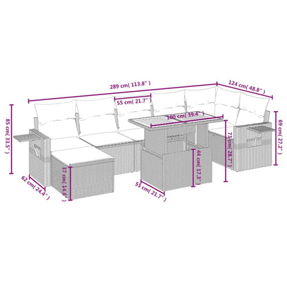 8 pcs conjunto sofás de jardim c/ almofadões vime PE cinzento