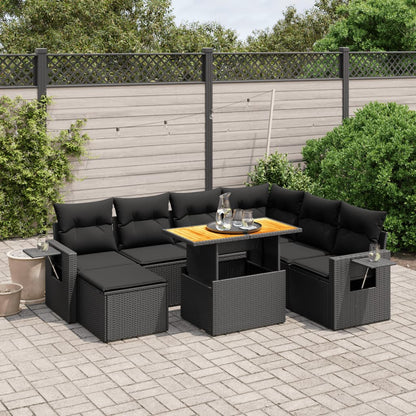 8 pcs conjunto sofás de jardim com almofadões vime PE preto