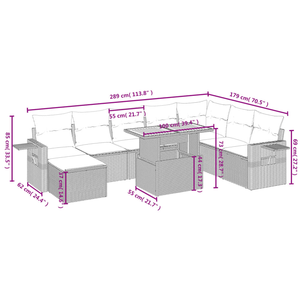 9 pcs conjunto de sofás p/ jardim c/ almofadões vime PE preto