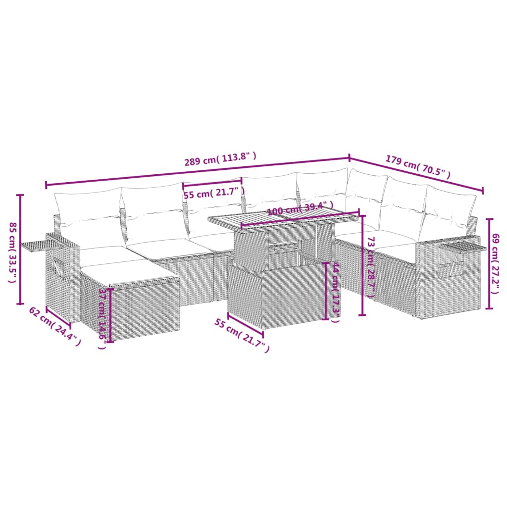 9 pcs conjunto de sofás p/ jardim com almofadões vime PE bege