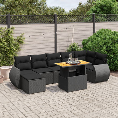 8 pcs conjunto sofás de jardim com almofadões vime PE preto